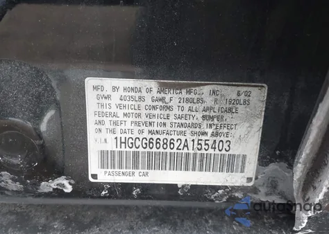 2002 Honda Accord 2.3 Ex/2.3 Se from USA, damaged, VIN 1HGCG66862A155403